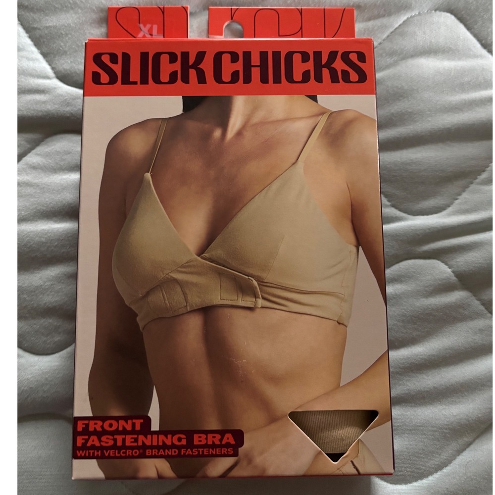 Slick Chicks XL Front‎ Fastening Bra Beige Removable Pads Wireless Comfort